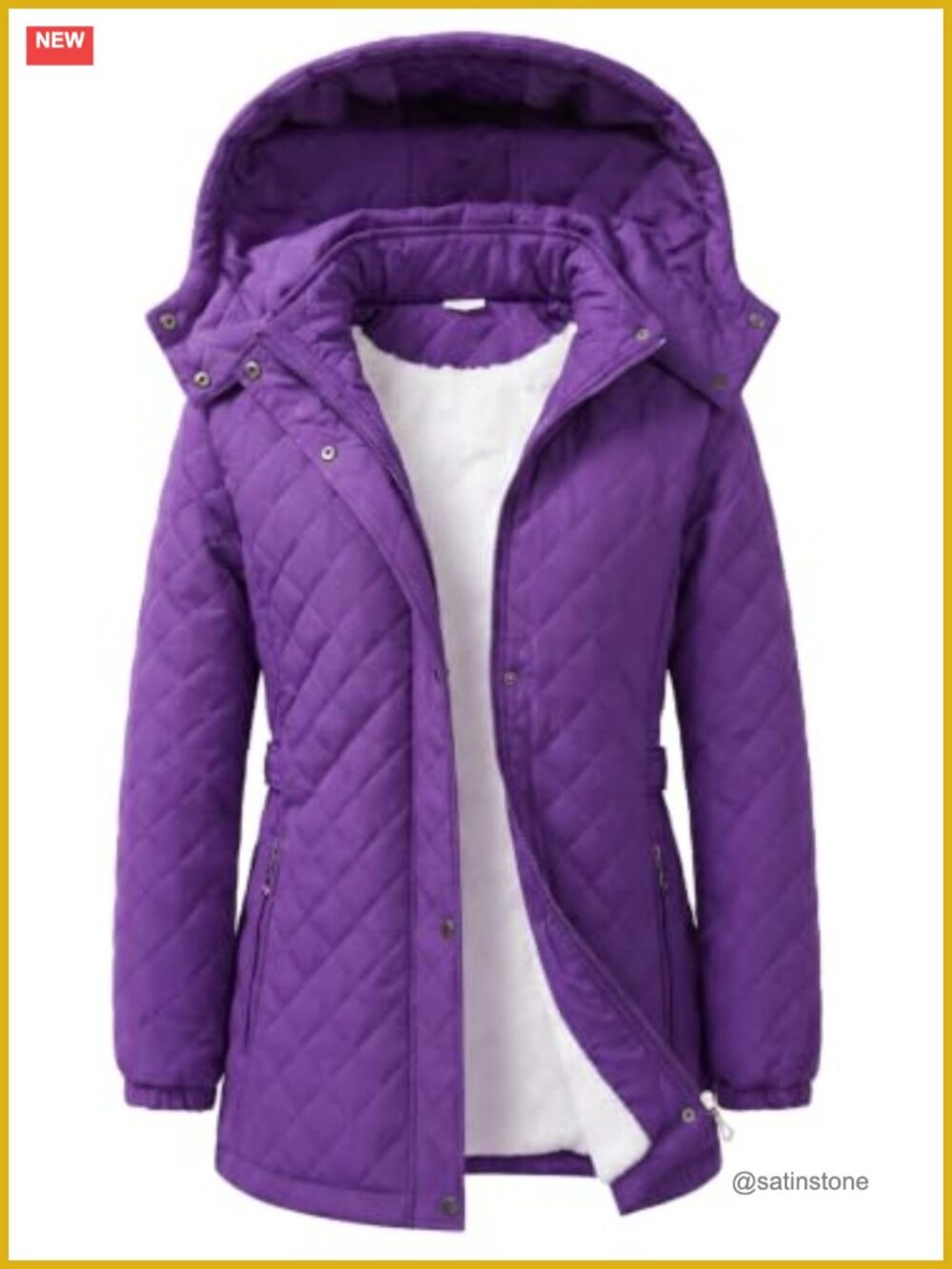 Women's Long Fleece Lined Winter Coat Diamond Quilted Removable Hood